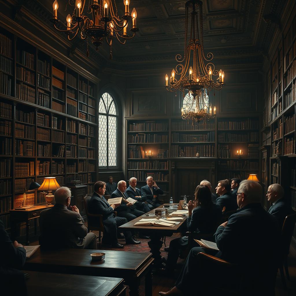 A dark academia-themed scene of a seminar about History, hosted in an old, beautiful university