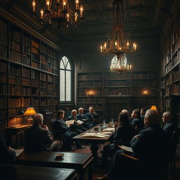 A dark academia-themed scene of a seminar about History, hosted in an old, beautiful university