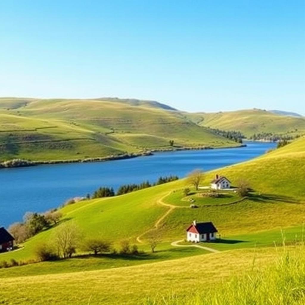 Create an image that showcases a picturesque landscape with rolling hills, a serene lake, and a clear blue sky