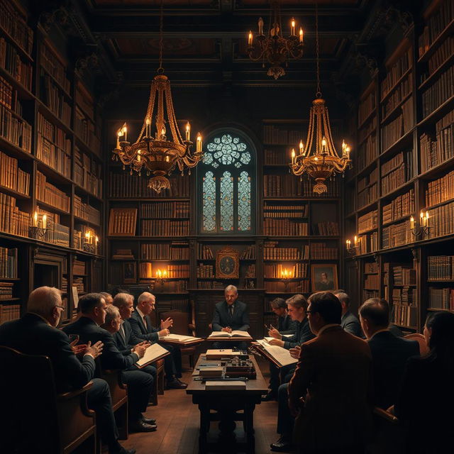 A dark academia-themed scene of a seminar about History, hosted in an old, beautiful university