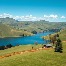 Create an image that showcases a picturesque landscape with rolling hills, a serene lake, and a clear blue sky