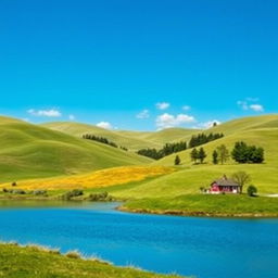 Create an image that showcases a picturesque landscape with rolling hills, a serene lake, and a clear blue sky