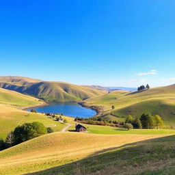 Create an image that showcases a picturesque landscape with rolling hills, a serene lake, and a clear blue sky