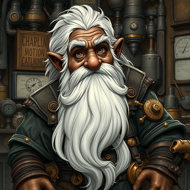 A detailed illustration of a dwarf artificer with dark brown skin, long white hair, a very long white beard, and gray eyes