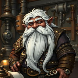 A detailed illustration of a dwarf artificer with dark brown skin, long white hair, a very long white beard, and gray eyes