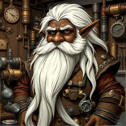 A detailed illustration of a dwarf artificer with dark brown skin, long white hair, a very long white beard, and gray eyes