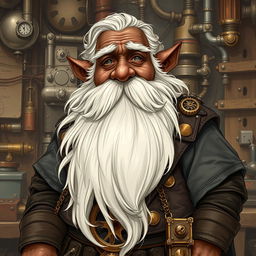 A detailed illustration of a dwarf artificer with dark brown skin, long white hair, a very long white beard, and gray eyes