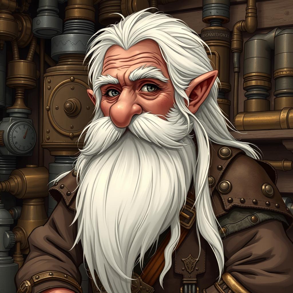 A detailed illustration of a dwarf artificer with brown skin, long white hair, a very long white beard, and gray eyes