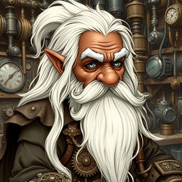 A detailed illustration of a dwarf artificer with brown skin, long white hair, a very long white beard, and gray eyes