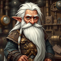 A detailed illustration of a dwarf artificer with brown skin, long white hair, a very long white beard, and gray eyes