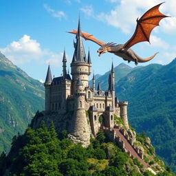 A majestic castle perched on a mountain with a fierce dragon flying overhead