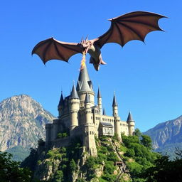 A majestic castle perched on a mountain with a fierce dragon flying overhead