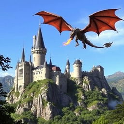 A majestic castle perched on a mountain with a fierce dragon flying overhead