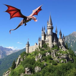 A majestic castle perched on a mountain with a fierce dragon flying overhead