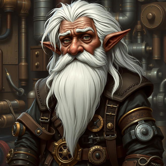 A detailed illustration of a dwarf artificer with dark brown skin, long white hair, a very long white beard, and gray eyes