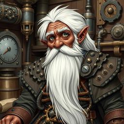 A detailed illustration of a dwarf artificer with dark brown skin, long white hair, a very long white beard, and gray eyes