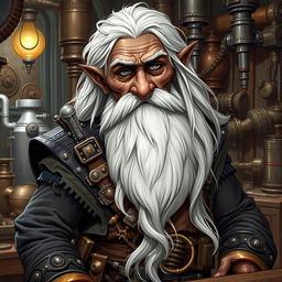 A detailed illustration of a dwarf artificer with dark brown skin, long white hair, a very long white beard, and gray eyes