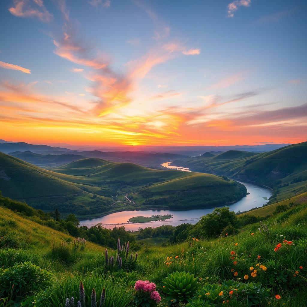 A beautiful landscape featuring rolling hills, a serene river, and a vibrant sunset in the background