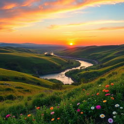 A beautiful landscape featuring rolling hills, a serene river, and a vibrant sunset in the background