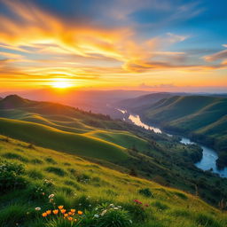 A beautiful landscape featuring rolling hills, a serene river, and a vibrant sunset in the background