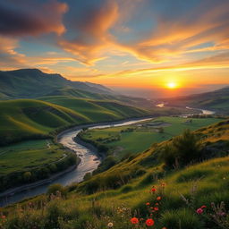 A beautiful landscape featuring rolling hills, a serene river, and a vibrant sunset in the background