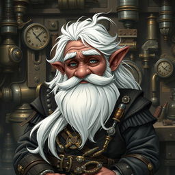 A detailed illustration of a dwarf artificer with dark skin, long white hair, a very long white beard, and gray eyes