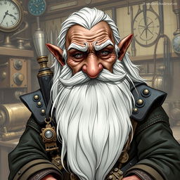 A detailed illustration of a dwarf artificer with dark skin, long white hair, a very long white beard, and gray eyes