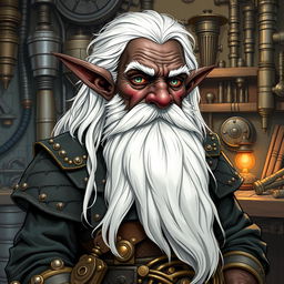 A detailed illustration of a dwarf artificer with dark skin, long white hair, a very long white beard, and gray eyes