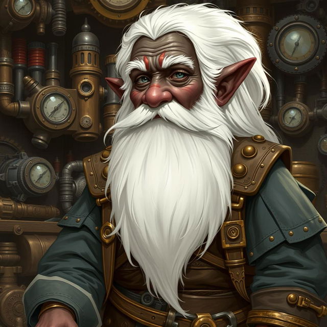 A detailed illustration of a dwarf artificer with dark skin, long white hair, a very long white beard, and gray eyes