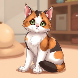 A detailed illustration of a calico cat with a mix of white, black, and orange fur