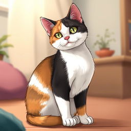 A detailed illustration of a calico cat with a mix of white, black, and orange fur