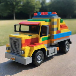 A vibrant, intricately detailed Lego truck, built using various colorful Lego bricks, dazzling in the sunlight.