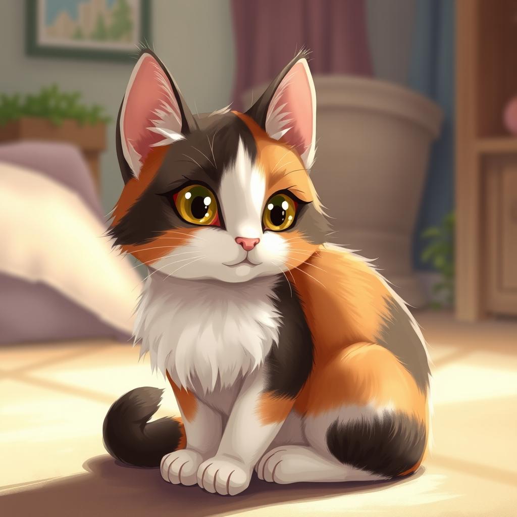 A detailed illustration of a calico cat with a mix of white, black, and orange fur