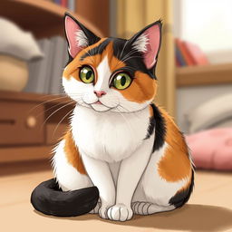 A detailed illustration of a calico cat with a mix of white, black, and orange fur