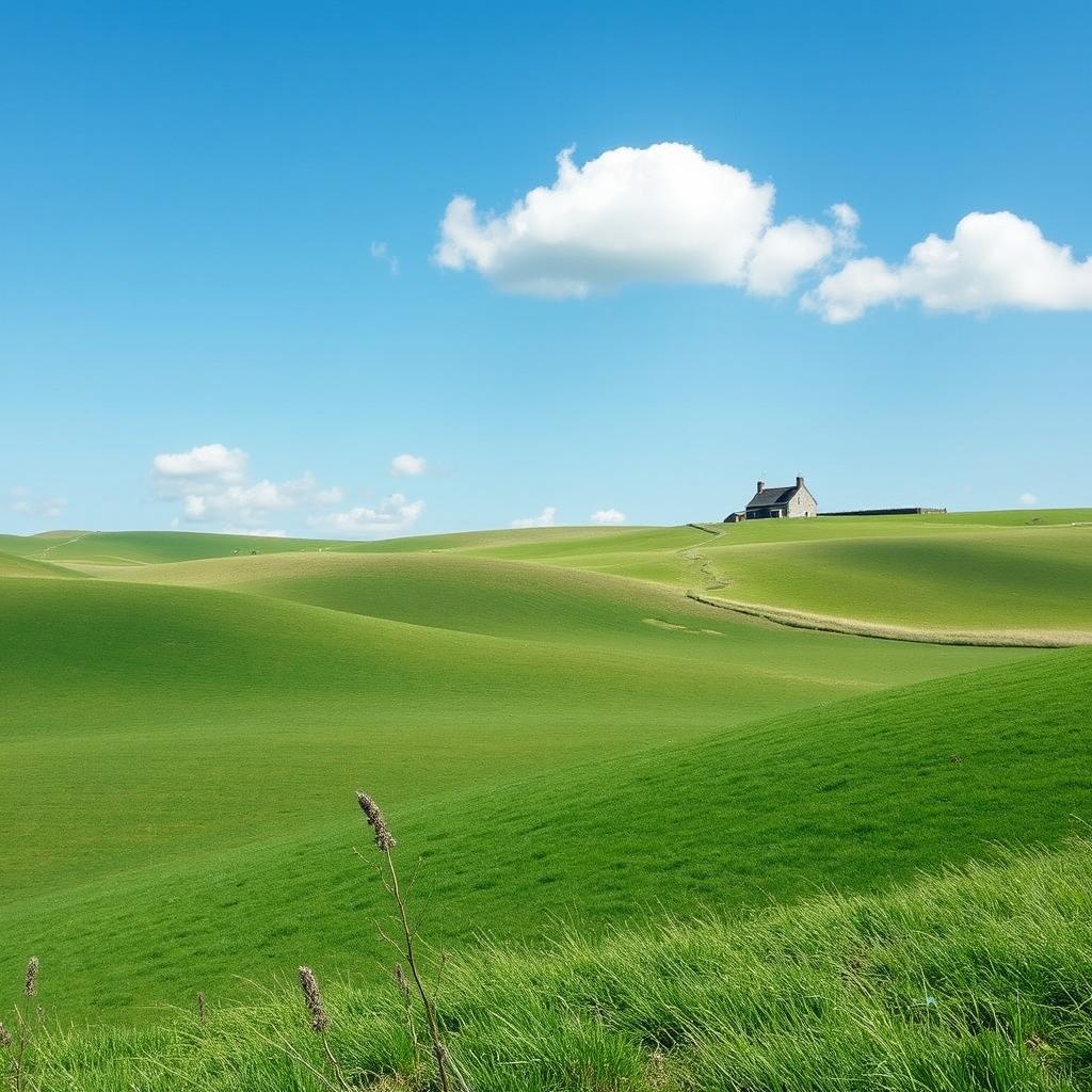 Create an image of a peaceful countryside landscape with rolling hills, a clear blue sky, and a small cottage in the distance