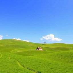 Create an image of a peaceful countryside landscape with rolling hills, a clear blue sky, and a small cottage in the distance