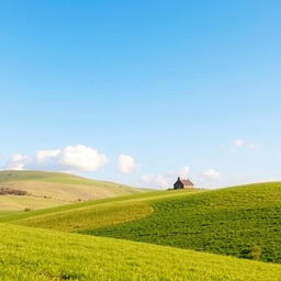 Create an image of a peaceful countryside landscape with rolling hills, a clear blue sky, and a small cottage in the distance