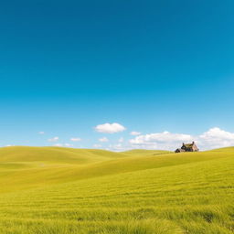 Create an image of a peaceful countryside landscape with rolling hills, a clear blue sky, and a small cottage in the distance