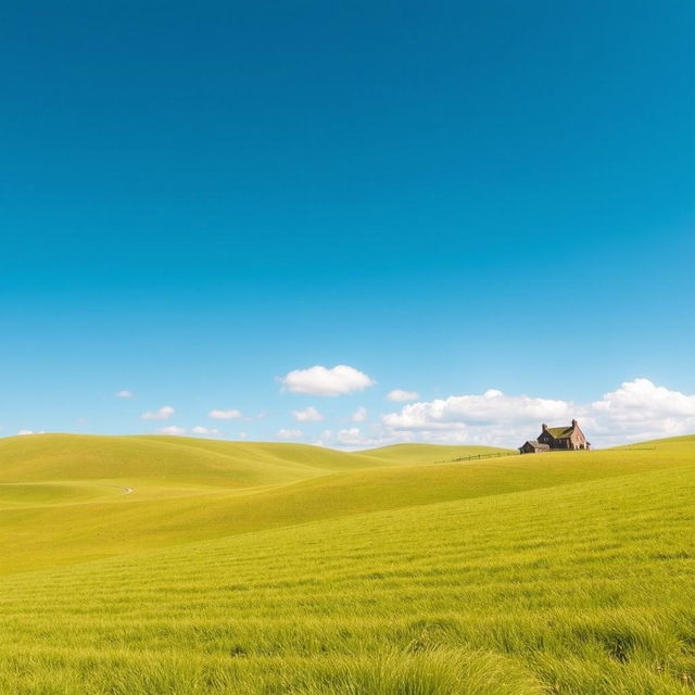 Create an image of a peaceful countryside landscape with rolling hills, a clear blue sky, and a small cottage in the distance