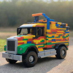 A vibrant, intricately detailed Lego truck, built using various colorful Lego bricks, dazzling in the sunlight.