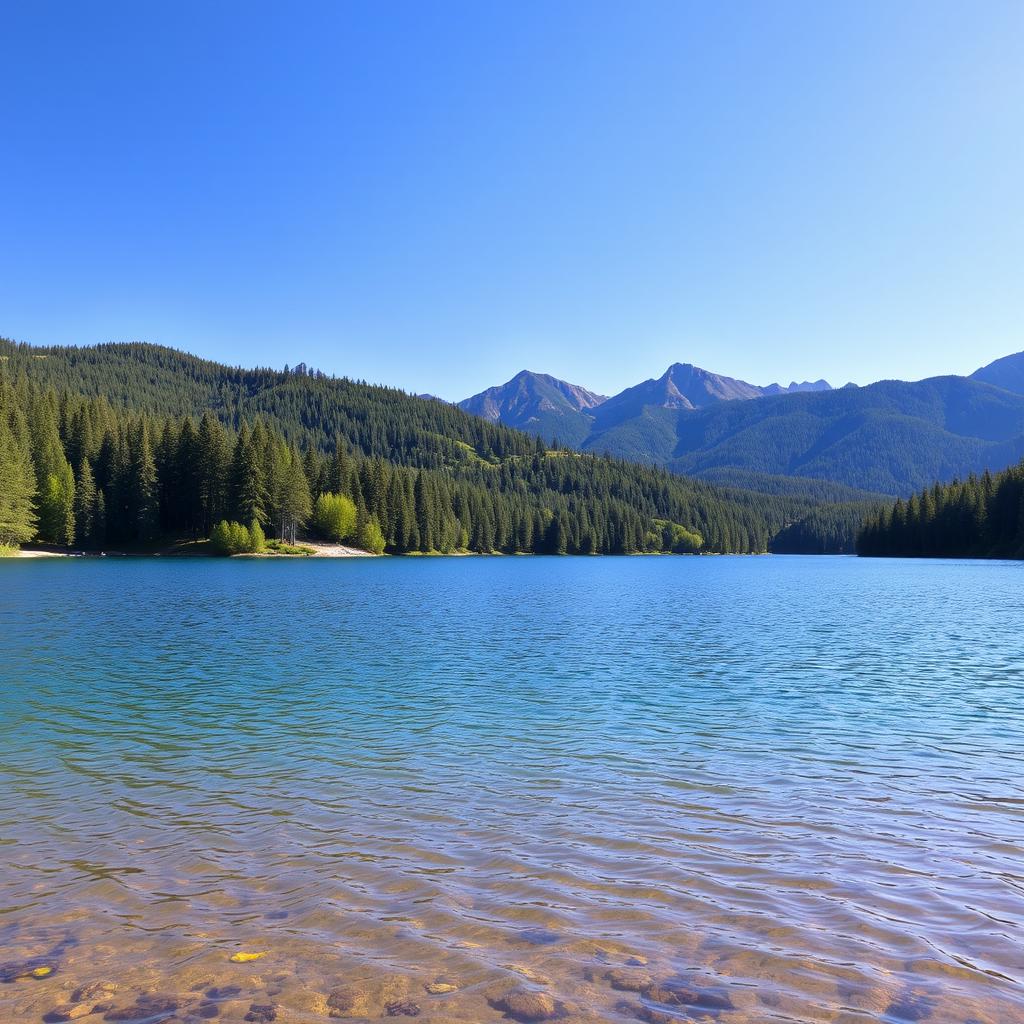 A beautiful landscape featuring a serene lake surrounded by lush green trees and mountains in the background under a clear blue sky