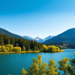 A beautiful landscape featuring a serene lake surrounded by lush green trees and mountains in the background under a clear blue sky