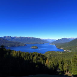 A beautiful landscape featuring a serene lake surrounded by lush green trees and mountains in the background under a clear blue sky