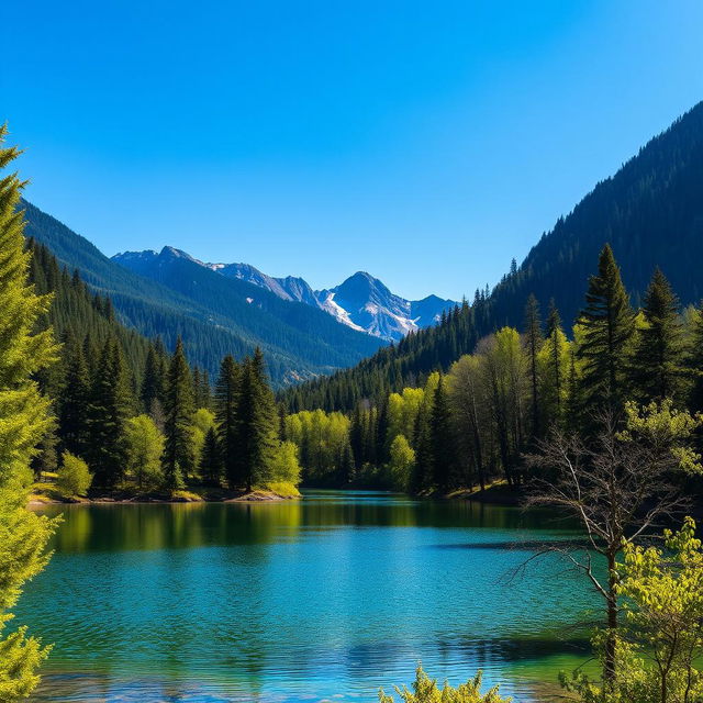 A beautiful landscape featuring a serene lake surrounded by lush green trees and mountains in the background under a clear blue sky