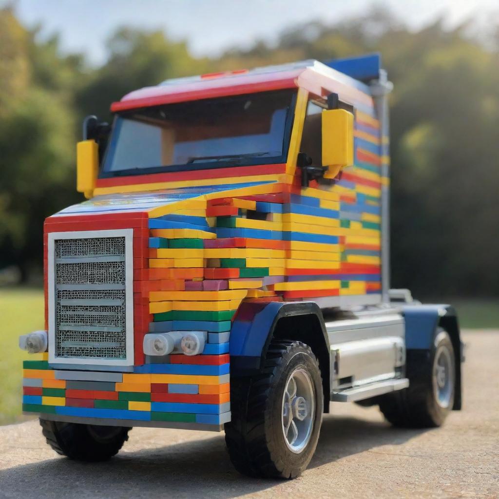 A vibrant, intricately detailed Lego truck, built using various colorful Lego bricks, dazzling in the sunlight.