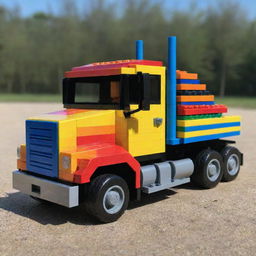 A vibrant, intricately detailed Lego truck, built using various colorful Lego bricks, dazzling in the sunlight.