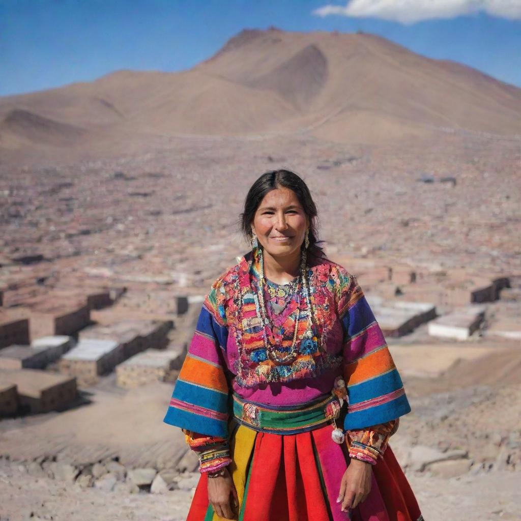 A strong and resilient woman from Potosi, Bolivia, dressed in colorful traditional clothing, with the historic Potosi city and the landmark Cerro Rico in the background.