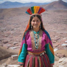 A strong and resilient woman from Potosi, Bolivia, dressed in colorful traditional clothing, with the historic Potosi city and the landmark Cerro Rico in the background.