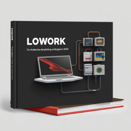 Buat desain cover buku dengan desain 3D yang menampilkan laptop dengan aplikasi CX Programmer, panel dengan sambungan hidraulik dan pneumatik, serta pipa pneumatik dan PLC