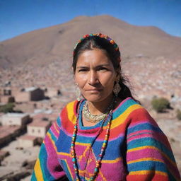 A strong and resilient woman from Potosi, Bolivia, dressed in colorful traditional clothing, with the historic Potosi city and the landmark Cerro Rico in the background.